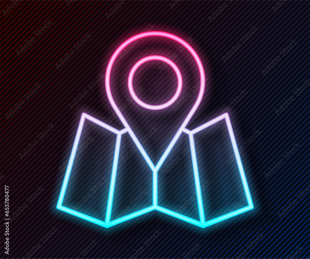 Aufkleber glowing neon line folded map with location marker icon isolated on black background. vector