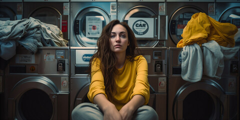 Woman long hair bored waiting at a laundromat - obrazy, fototapety, plakaty