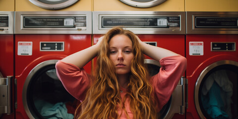 Woman long hair bored waiting at a laundromat
