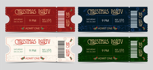 Set of Christmas colorful party ticket for admit one - obrazy, fototapety, plakaty