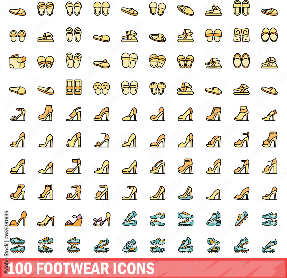 Wall mural 100 footwear icons set. Color line set of footwear vector icons thin line color flat on white - Wall murals