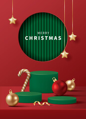 Christmas poster for product demonstration. Green pedestal or podium with bauble, candy cane and stars on red background.