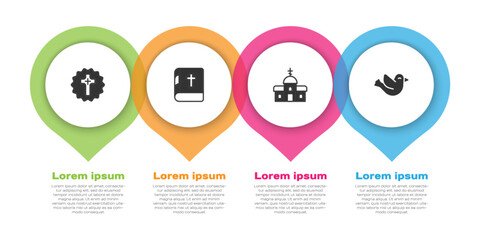 Set Christian cross, Holy bible book, Church building and Dove. Business infographic template. Vector