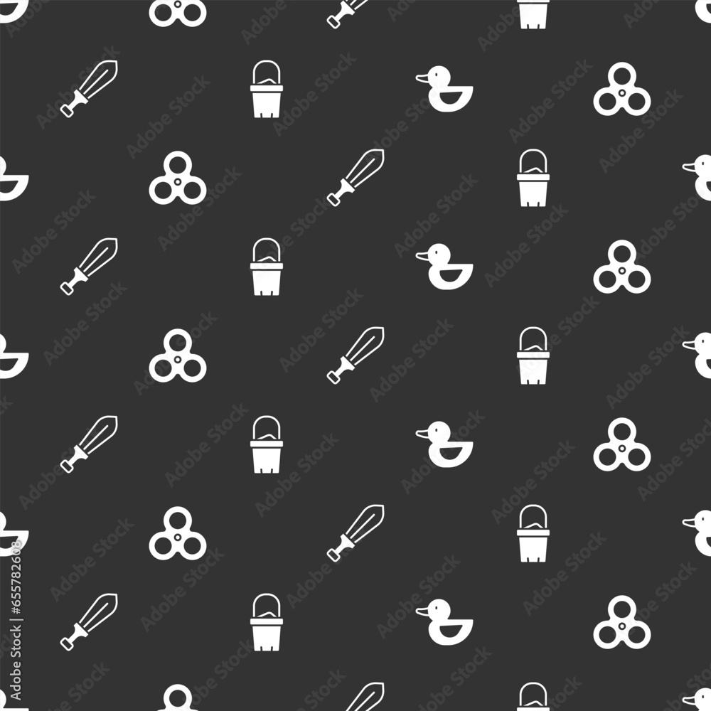 Poster set rubber duck, fidget spinner, sword toy and sand bucket on seamless pattern. vector