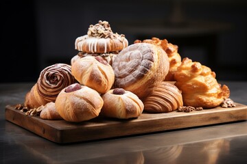 Freshly baked pastries on a white table. Generative AI
