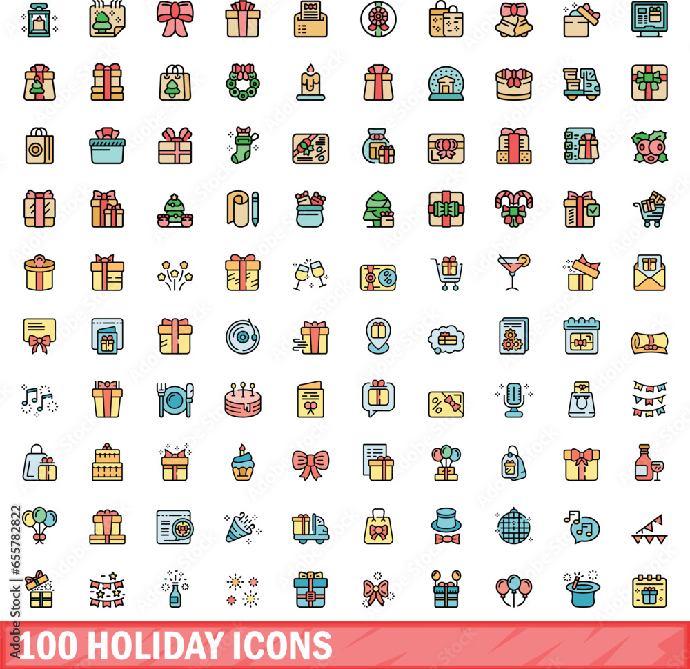 Sticker 100 holiday icons set. color line set of holiday vector icons thin line color flat on white - Stickers
