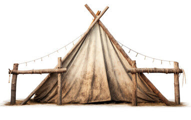 Vintage Canvas Ridge Tent with Wooden Isolated on White Transparent Background.