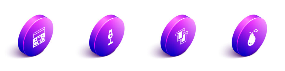 Set Isometric Home stereo with two speakers, Wine glass, Bread toast and Pear icon. Vector