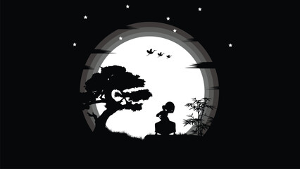 Fototapeta premium illustration vector graphic of Ninja, Assassin, Samurai training at night on a full moon. Perfect for wallpaper, poster, etc.
