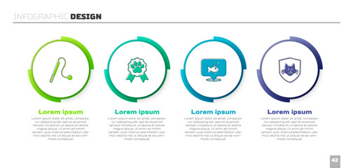 Set Pet cat toy, award symbol, Fish and Animal health insurance. Business infographic template. Vector