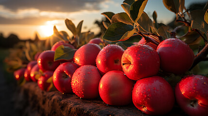 a picturesque apple orchard during golden hour, with rows of apple trees laden with ripe, red...