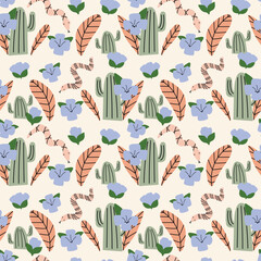 Seamless pattern in wild west style. Background with cactus, flowersand snake. . Boho. Western.Great for wallpaper, backgrounds, packaging, fabric, scrapbook