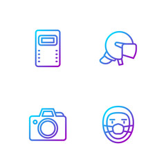 Set line Doctor pathologist, Photo camera, Police assault shield and helmet. Gradient color icons. Vector