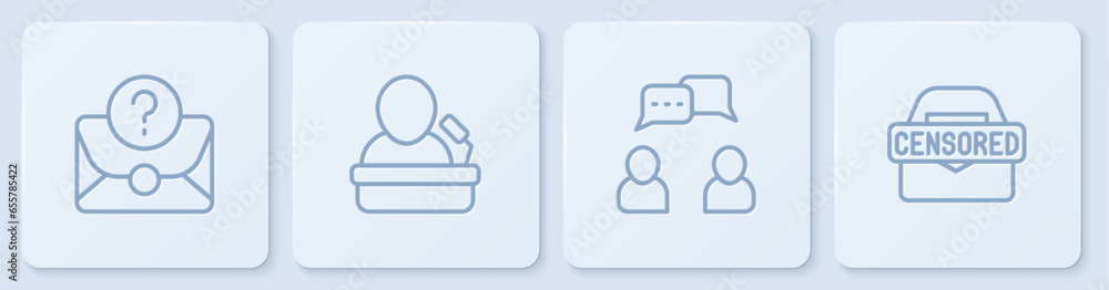 Poster set line envelope with question mark, speech bubble chat, speaker and censored stamp. white square b