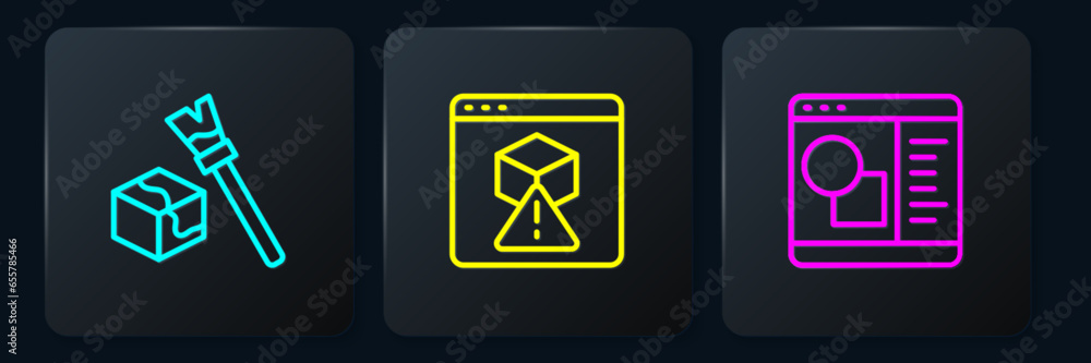 Poster set line isometric cube, 3d printer software and . black square button. vector