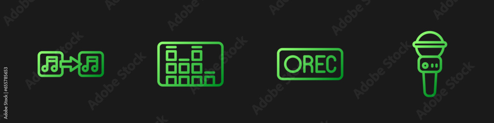 Poster set line record button, music note, tone, equalizer and microphone. gradient color icons. vector