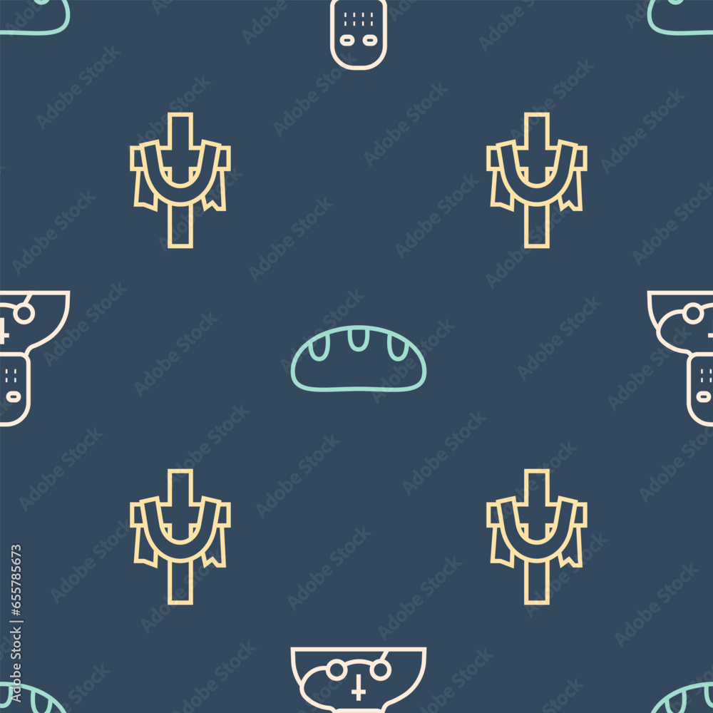 Poster set line knight crusader, christian cross and bread loaf on seamless pattern. vector