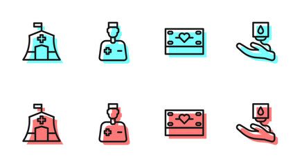 Set line Donation and charity, Emergency medical tent, Male doctor and Blood donation icon. Vector © Vadim