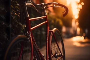 Türaufkleber Bicycles in the city at sunset, close-up. Cycling concept. Sport concept, World Bicycle Day, Outdoor Weekend lifestyle concept © Canities