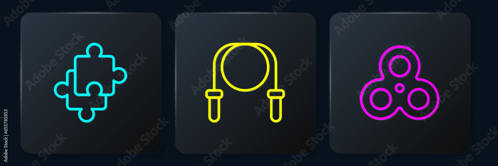 Poster set line puzzle pieces toy, fidget spinner and jump rope. black square button. vector