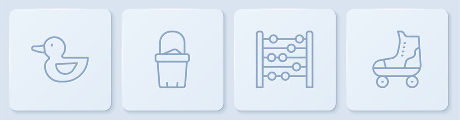 Set line Rubber duck, Abacus, Sand in bucket and Roller skate. White square button. Vector