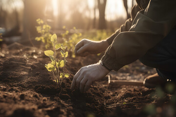 Close up of a farmer are planting tree seedlings in the garden, earth day concept - obrazy, fototapety, plakaty