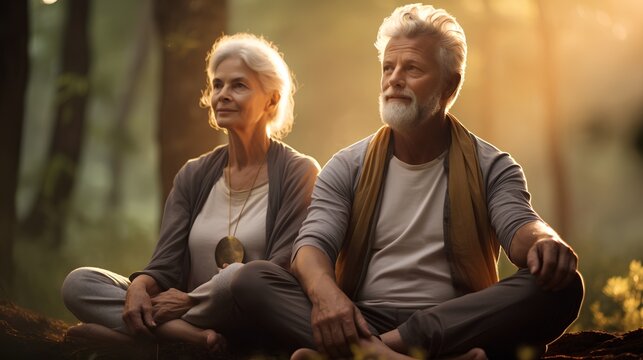 Elderly old couple practicing mindfulness and meditation in a serene lush forest environment. Sitting together fully immersed in the tranquility of nature. Peaceful ambiance and lifelong love scene.