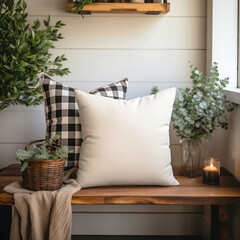 Blank White Throw Pillow Mockup in a Rustic Winter Modern Farmhouse Setting with Eucalyptus and Boxwood Florals 