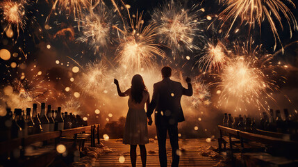 couple party celebrating dinner night fireworks new year eve love