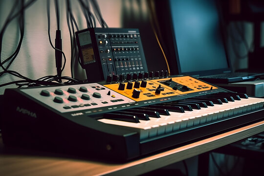 Close up of electronic synthesizer with keyboard and mouse in recording studio, creative, performance, music concept