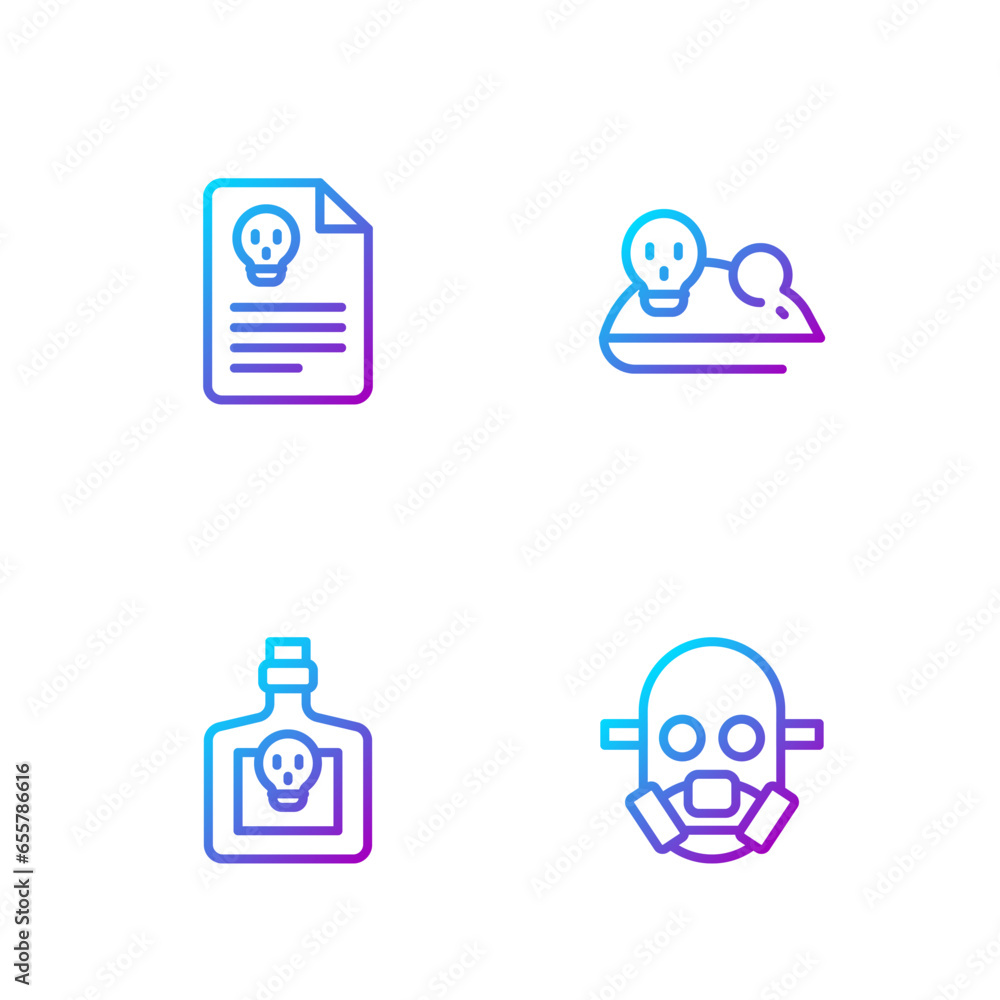 Poster set line gas mask, bottle with potion, radiation warning document and experimental mouse. gradient c