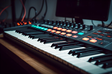 Close up of electronic synthesizer with keyboard and mouse in recording studio, creative, performance, music concept