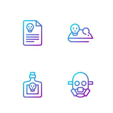 Set line Gas mask, Bottle with potion, Radiation warning document and Experimental mouse. Gradient color icons. Vector