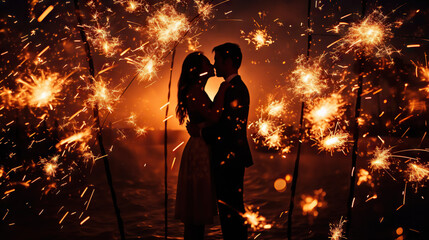 couple party celebrating dinner night fireworks new year eve love