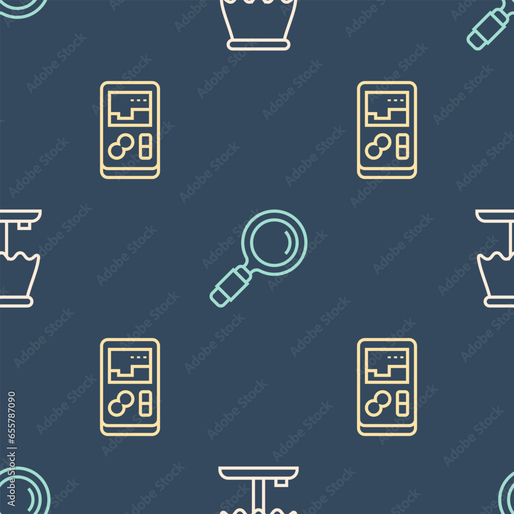 Aufkleber set line table lamp, portable video game console and magnifying glass on seamless pattern. vector