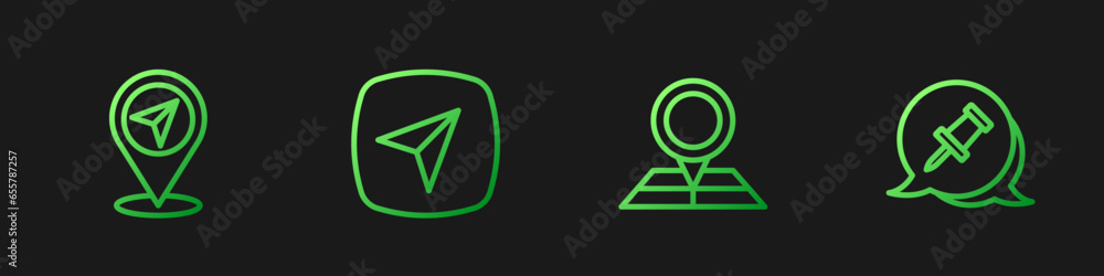 Poster Set line Folded map with location marker, Map pin, City navigation and Push. Gradient color icons. Vector