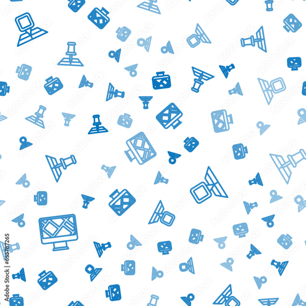 Poster set line monitor with map location, folded marker and on seamless pattern. vector