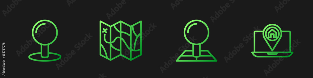 Poster Set line Folded map with location marker, Push pin, and City navigation. Gradient color icons. Vector