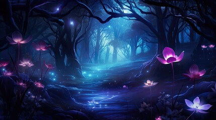 Fototapeta premium Fantasy Forest at Night Magic Glowing Flowers in Fairytale Wood
