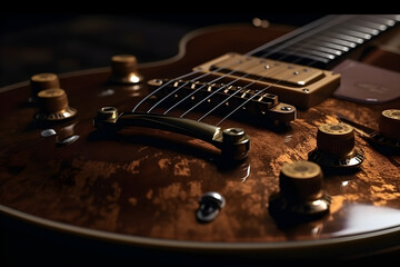 close-up of a electric guitar on a dark background. close-up. selective focus, creative, performance, music concept