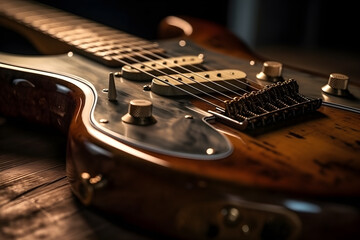 close-up of a electric guitar on a dark background. close-up. selective focus, creative, performance, music concept