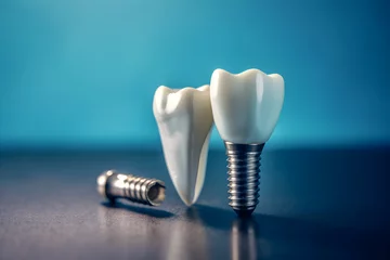 Fotobehang Dental tooth implant isolated on blue background. Oral health, Dental care clinic concept © Canities