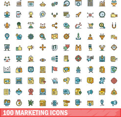 100 marketing icons set. Color line set of marketing vector icons thin line color flat on white