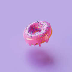 Donut. Delicious pink donut with glaze and sprinkles. Isolated. Beautiful illustration pink donut with glaze sprinkles on the pink background. 3D model sweet sugar doughnut. Colorful glazed dessert