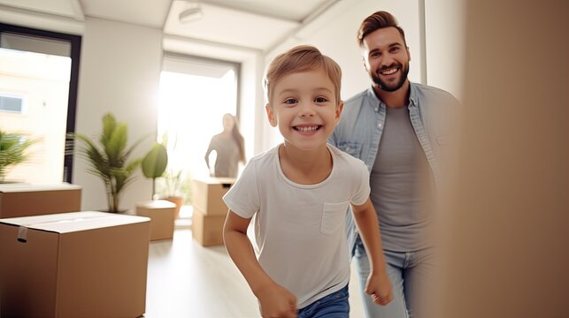 Happy Young Family with Cardboard Boxes in New Home at Moving Day Concept, Excited Child and Happy Dad Running into Big Modern Own House Hallway