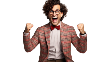 Successful businessman rejoicing, raising hands up and celebrating victory, winning something. Transparent background or PNG file. Generated by AI