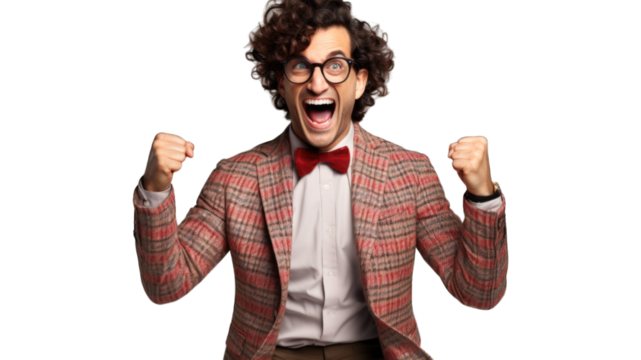 Successful businessman rejoicing, raising hands up and celebrating victory, winning something. Transparent background or PNG file. Generated by AI