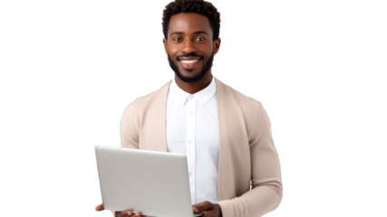 African-american young freelancer businessman student boss working remotely on laptop, watching webinars online. Transparent background or PNG file. Generated by AI