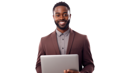 African-american young freelancer businessman student boss working remotely on laptop, watching webinars online. Transparent background or PNG file. Generated by AI