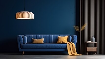 Interior of Cozy Modern Living Room with Sofa against Blank Dark Blue Wall
